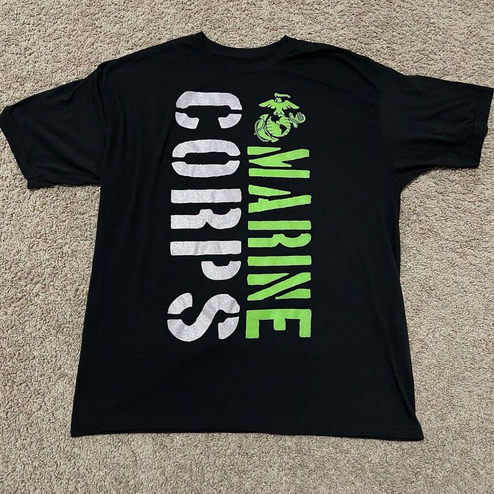 USMC Marine Corps Shirt XL Mens Black Neon Green Eagle Globe Anchor Logo Graphic